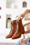 Katerina Tan Suede (5cm) Thick Heeled Pointed Toe Lace Up Daily Women's Boots - 4