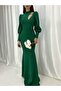 FLEXIBLE SCUBA FABRIC GREEN COLOR MERCHANT CUT NECK LONG SLEEVE EVENING DRESS GL-737 582279