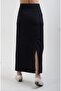 Navy Blue Poly Striped Skirt with Side Slits - 3