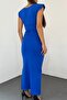 Flexible Diving Fabric Slit Detailed Double Breasted Collar Shoulder Padding Midi Length Cobalt Blue Dress 5031 - 2