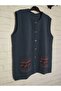 winter, steel knitted, round neck, buttoned 2-pocket short vest - 6