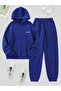 California Written Tracksuit Set Sweatshirt Jogger - Sax Blue Printed Oversize Hooded