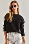Women's Black Three Thread Ribbed Sweatshirt 60031017 - 3