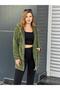Women's Khaki Green Hooded Long Plush Jacket - 2