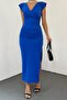 Flexible Diving Fabric Slit Detailed Double Breasted Collar Shoulder Padding Midi Length Cobalt Blue Dress 5031 - 5