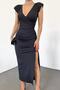 Lycra Stretchy Diver Fabric Midi Length Double Breasted Collar Padded Slit Evening Dress 5031