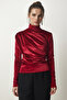 Women's Red Gathered Collar Stylish Velvet Blouse FF00144 - 3