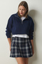 Women's Navy Blue Zippered Raised Crop Knitted Sweatshirt HF00441