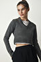 Women's Anthracite V-Neck Crop Knitwear Sweater PF00040 - 2