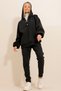 Women's Black 3 Thread Ribbon Hood and Snap Closure Tracksuit Set ALC-X11074