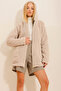 Women's Beige Hooded Zippered Front Double Pocket Oversize Plush Sweatshirt ALC-X7332 - 2