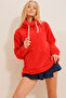 Women's Red Stand Collar Kangaroo Pocket Plush Sweatshirt ALC-X11060 - 4