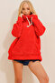 Women's Red Stand Collar Kangaroo Pocket Plush Sweatshirt ALC-X11060 - 2