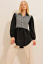 Women's Black-White Houndstooth Patterned Blocked Poplin Stamp Mix Shirt ALC-X11072