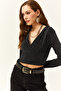 Women's Black Double Breasted Glitter Crop Blouse - 5