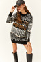 Women's Brown Patterned Soft Textured Knitwear Tunic Dress