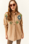 Women's Flower Camel Sequin Sequin Detailed Oversize Stamp Shirt