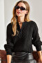 Women's Black Braided Buttoned Knitwear Sweater 20234244 - 2