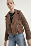 Women's Bitter Brown Fur Faux Suede Crop Biker Jacket - 5