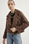 Women's Bitter Brown Fur Faux Suede Crop Biker Jacket - 2