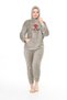 Women's Light Khaki welsoft hooded soft textured embroidery front double tracksuit suit - 4