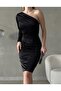 Black Satin Single Sleeve Draped Dress