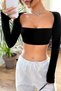 Square Neck Long Sleeve Stretchy Crop Blouse - 2