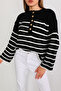 Women's Black Oversize Gold Buttoned Striped Thick Knitwear Sweater - 5