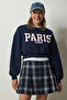 Women's Navy Blue Printed Raised Crop Knitted Sweatshirt HF00444 - 2
