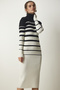 Women's Black Ecru Turtleneck Striped Corduroy Knitwear Dress DD01264 - 3