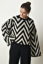 Women's Black Cream Pattern Spanish Sleeve Thick Knitwear Sweatshirt YU00006 - 2
