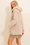Women's Beige Hooded Zippered Front Double Pocket Oversize Plush Sweatshirt ALC-X7332 - 6