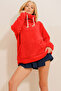 Women's Red Stand Collar Kangaroo Pocket Plush Sweatshirt ALC-X11060