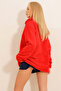 Women's Red Stand Collar Kangaroo Pocket Plush Sweatshirt ALC-X11060 - 5