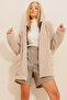 Women's Beige Hooded Zippered Front Double Pocket Oversize Plush Sweatshirt ALC-X7332 - 3