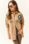Women's Flower Camel Sequin Sequin Detailed Oversize Stamp Shirt - 3