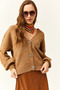 Women's Camel Stone Buttoned Soft Textured Knitwear Cardigan Hrk- 19000253 - 3
