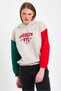 Women's Embroidered Waist Elasticated Contrast Colored 3 Thread Fleece Hooded Sweatshirt - 3