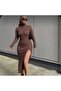 women's brown half turtleneck one leg slit long sleeve bodycon midi dress