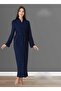 Women's Navy Blue Design Cotton Long Belted Dressing Gown - 2