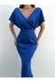 Flexible Scuba Fabric Blue Color Double Breasted Neck Midi Length Pencil Evening Dress Gl-694 581699 - 4