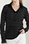 Women's Black Stripe Pattern Polo V-Neck Knitwear Sweater