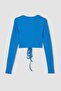 Fitted Crew Neck Tie Detail Long Sleeve Ribbed Camisole T-Shirt - 8