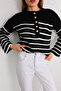 Women's Black Oversize Gold Buttoned Striped Thick Knitwear Sweater