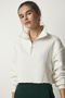 Women's Ecru Zippered Brushed Inside Cropped Knitted Sweatshirt HF00441