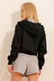 Women's Black Hooded Kangaroo Pocket 3 Thread Crop Sweatshirt ALC-X11032 - 5