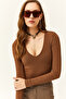 Women's Brown Deep V-Neck Padded Lycra Bodysuit with Six Snaps - 4
