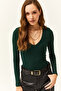 Women's Emerald Green Deep V-Neck Padded Lycra Bodysuit with Six Snaps - 5