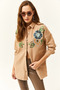 Women's Flower Camel Sequin Sequin Detailed Oversize Stamp Shirt - 2
