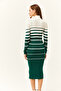 Women's Emerald Green Half Turtleneck Striped Lycra Midi Knitwear Dress - 5
